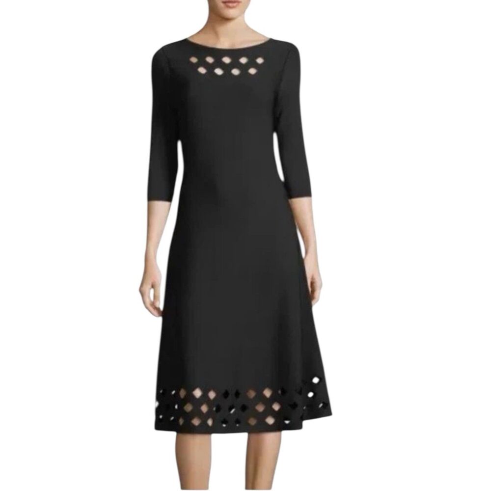 Nic+Zoe Time Out Swirl Black Cutout Midi Dress Large 3/4 Sleeve Fit & Flare